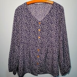 EMERY ROSE Ditsy Floral Print‎ Lantern Long Sleeve Blouse Womens Size Medium